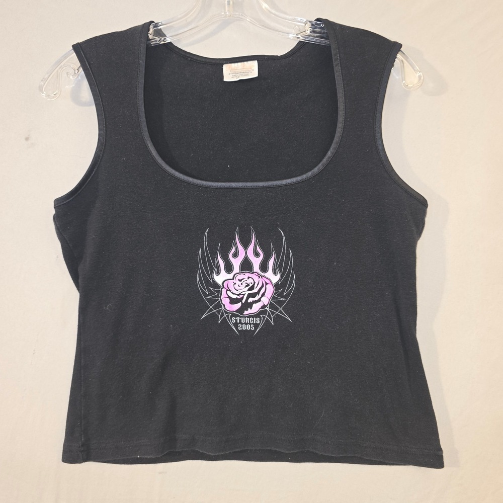 Sturgis Tank Top XL Womens Black 2005 Biker Rose Flame Graphic Scoop Neck